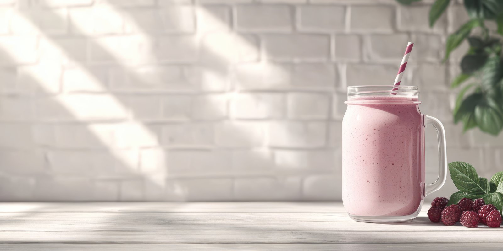 Refreshing raspberry smoothie in a jar on a wooden table with natural light